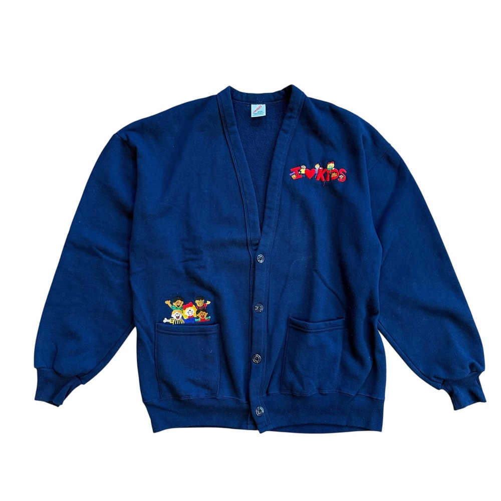 Vintage Jerzees‎ I Love Kids Navy Blue Cardigan Sweatshirt Made in USA One Size